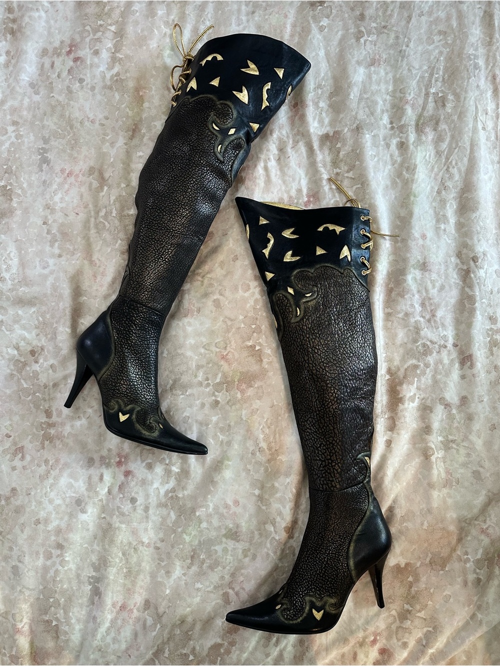 Black & Gold Knee-High Stiletto Boots - Women